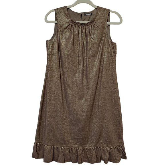Tahari Linen Dress Womens Size 4 Bronze Metallic Knee Length Party Dress  Ruffle - Picture 1 of 16